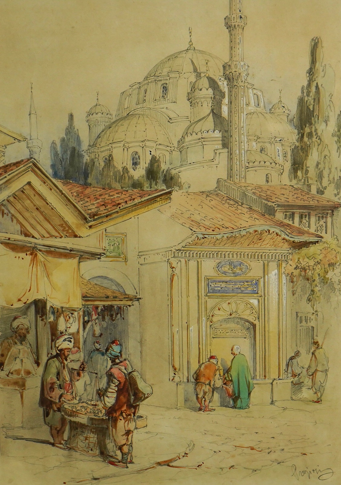 Orientalist School, pencil and watercolour, Street scene with market sellers, indistinctly signed lower right, 30 x 21cm, gilt framed. Condition - fair to good